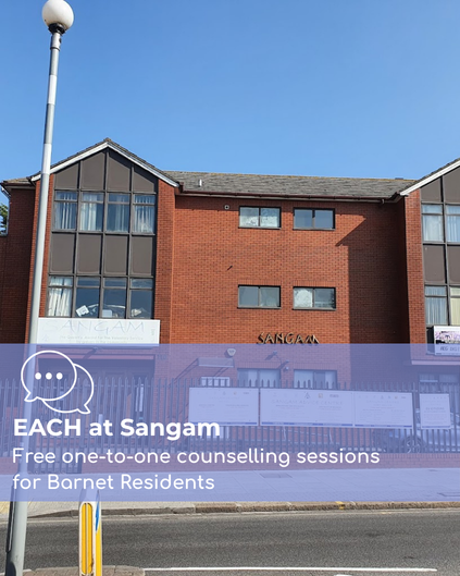 Sangam Building Text on image says Free one-to-one counselling sessions for Barnet Residents